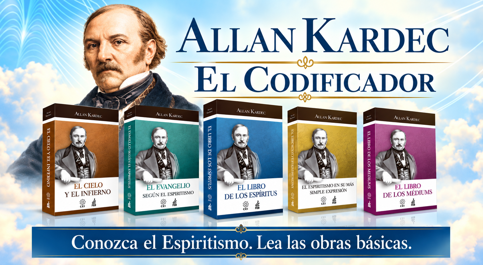 Allan Kardec, el codificador, junto a las obras básicas del Espiritismo