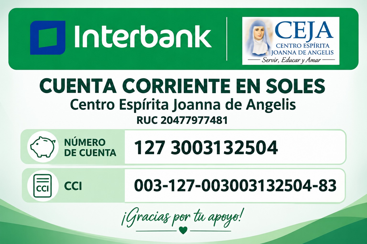 Cuenta corriente en soles del Centro Espírita Joanna de Angelis para recibir donaciones